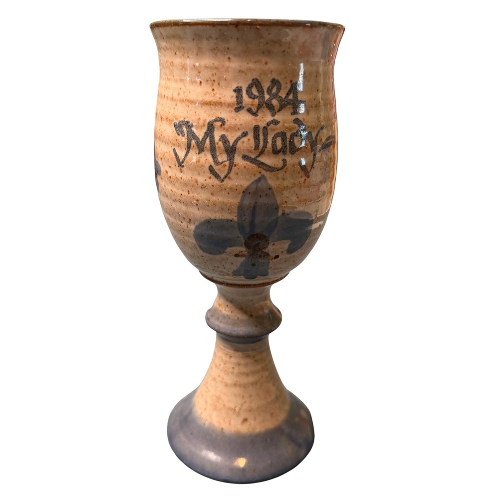 Vintage Deneen Pottery wine Goblet My Lady Blue Floral Chalice 80s renaissance